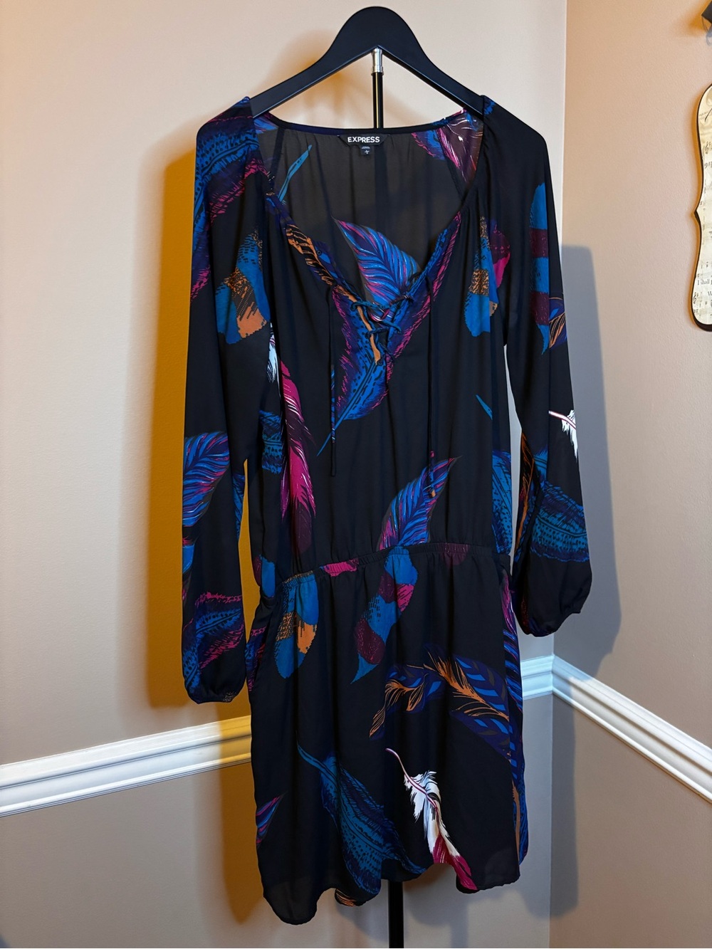 Express Black Long-Sleeve Mini Skort with Blue, Pink & Orange Feather Print